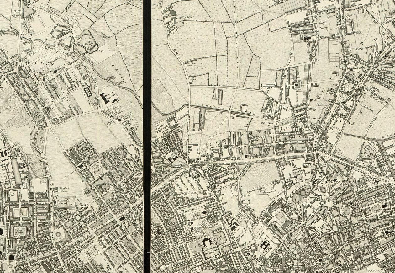 Detalj av området runt Pentonville, från Map of London, från en faktisk undersökning som gjordes 1824 av Christopher and John (fl.1821 40) Greenwood