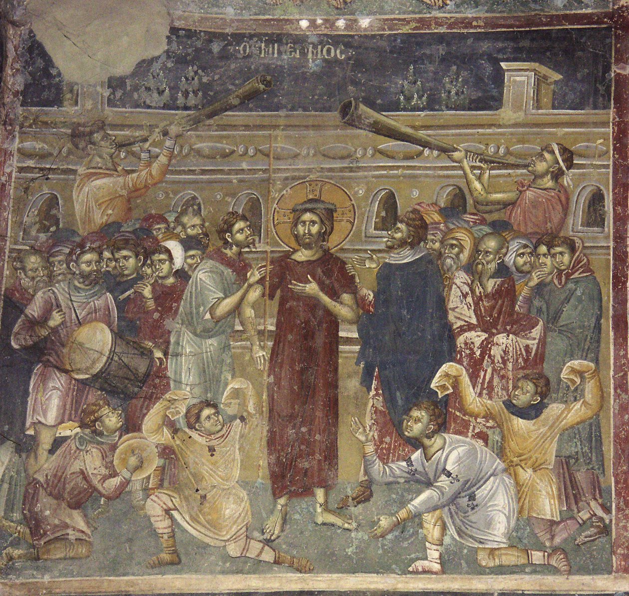 The Mocking of Jesus-scenen för musikerna, ca 1317 av Chrostiras Michael