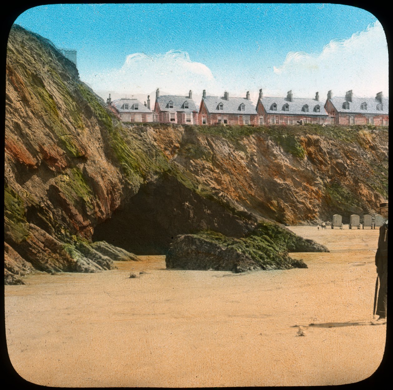 Strand och klippor, Newquay, Cornwall, sent 1800- eller tidigt 1900-tal av Church Army Lantern Department