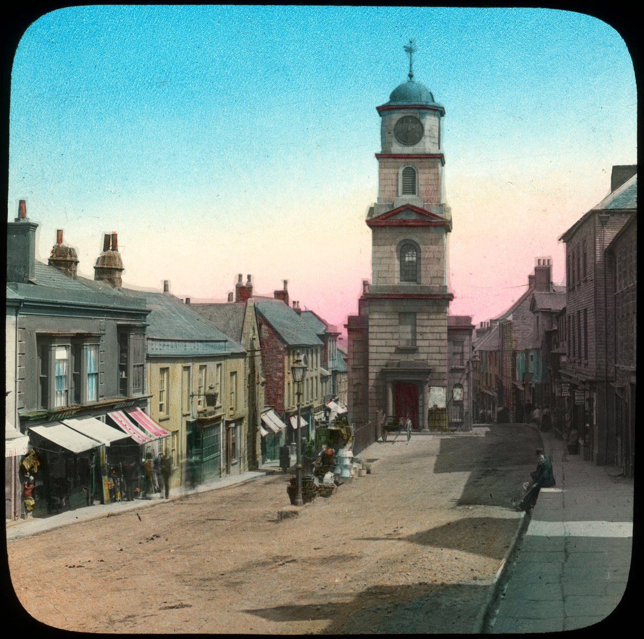 Town Hall and Market Street, Penryn, Cornwall, sent 1800- eller tidigt 1900-tal av Church Army Lantern Department