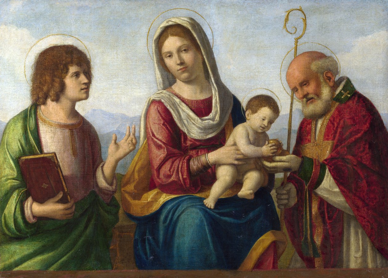 Madonna och barn mellan helgonen Johannes evangelisten och Nicholas av Bari av Cima da Conegliano