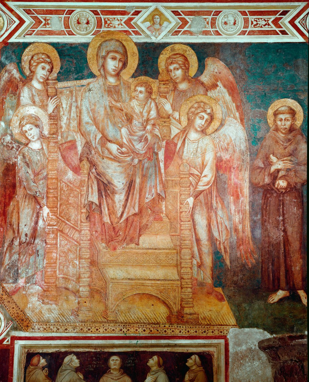 Madonna har barn på tronen, fyra änglar och Saint Francois av Assisi Fresco of Cimabue (Cenni di Pepo) (1272-1302) 1278-1280 Dim.320x340 cm. Assisi, Basilica of San Francesco, Nedre kyrkan av Cimabue