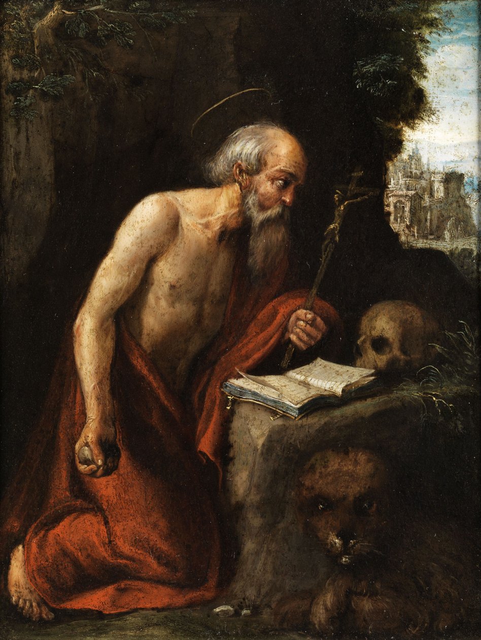 Sankt Jerome i ångerbönen av Circle of Adam Elsheimer