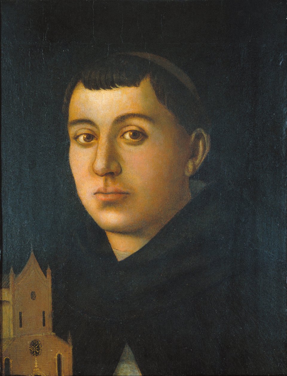 Munken Saint med en modell av en kyrka av Circle of Bartolomeo degli Erri