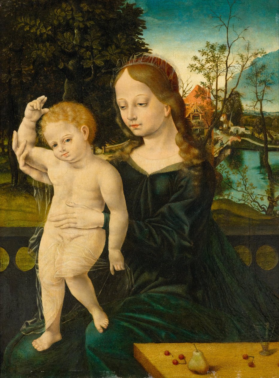 Madonna och barn framför ett flodlandskap av Bernard van Orley