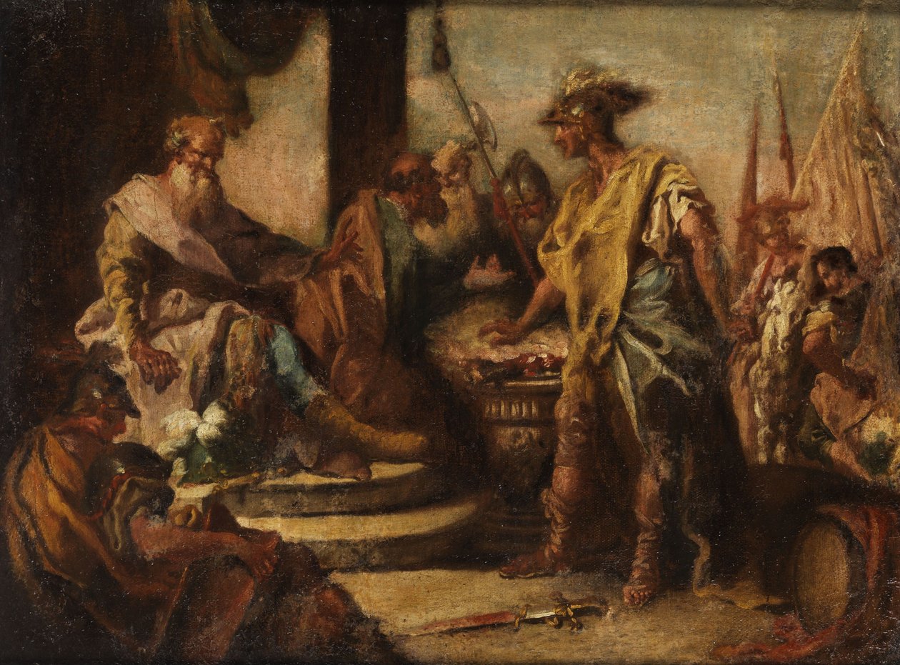Mucius Scaevola legt die Hand ins Feuer vor dem Etruskerfürsten Porsenna. av Francesco Fontebasso
