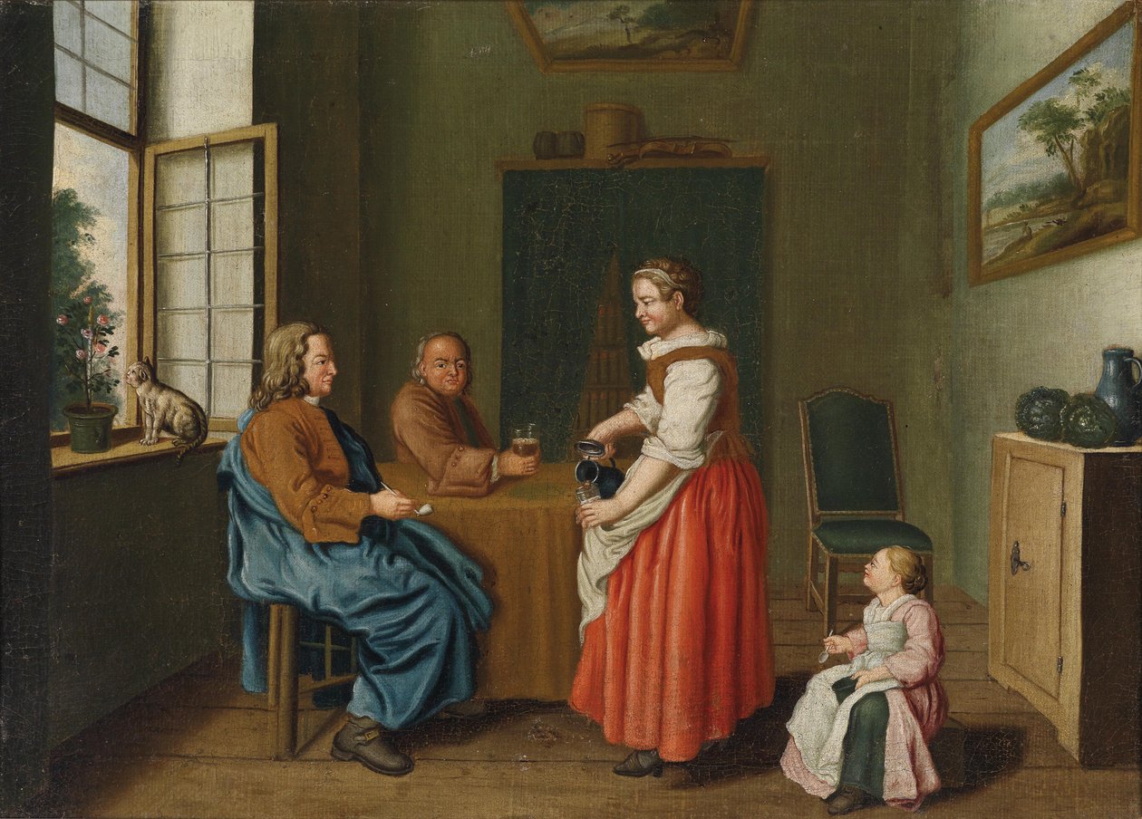 Interieur mit zwei Männern am Tisch und einer Magd, die sie bedient av Jan Josef Horemans II