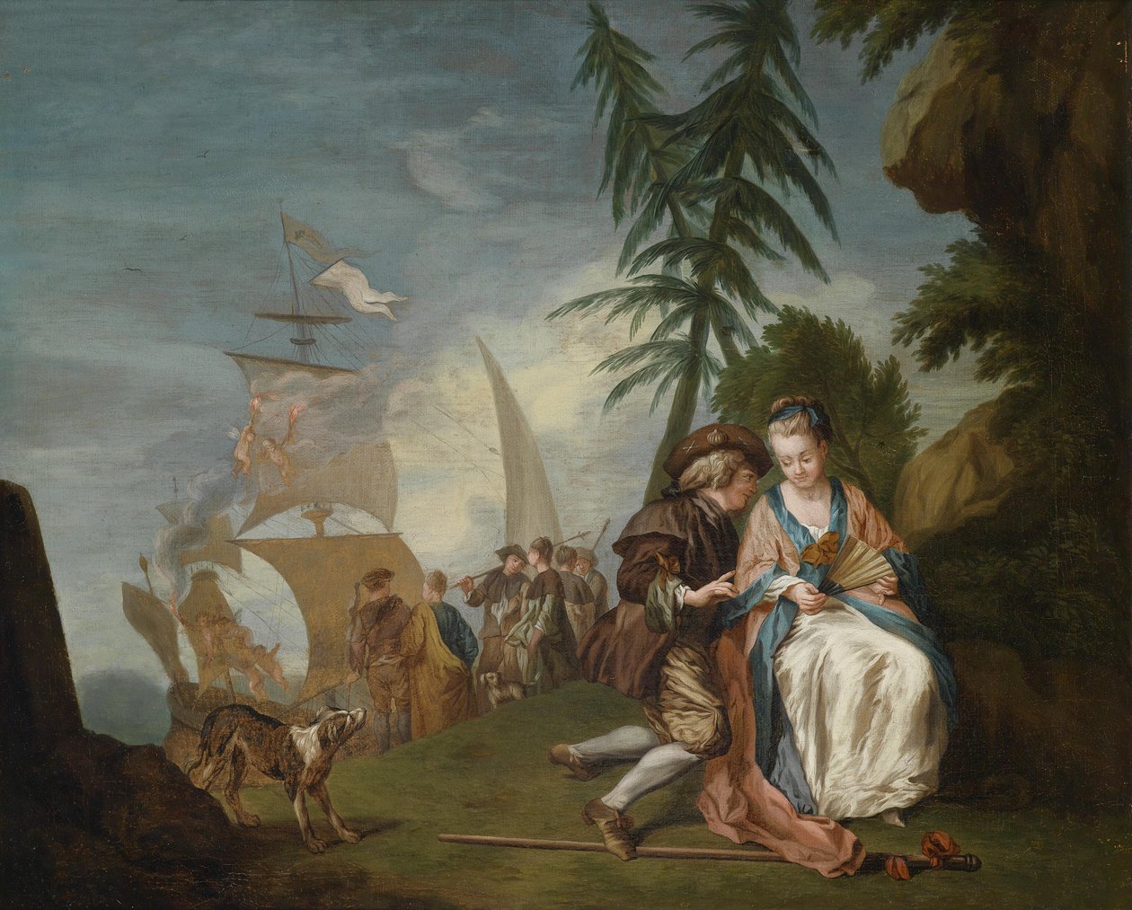 Ein galantes Paar vor der Einschiffung nach Kythera av Circle of Jean Baptiste Le Prince