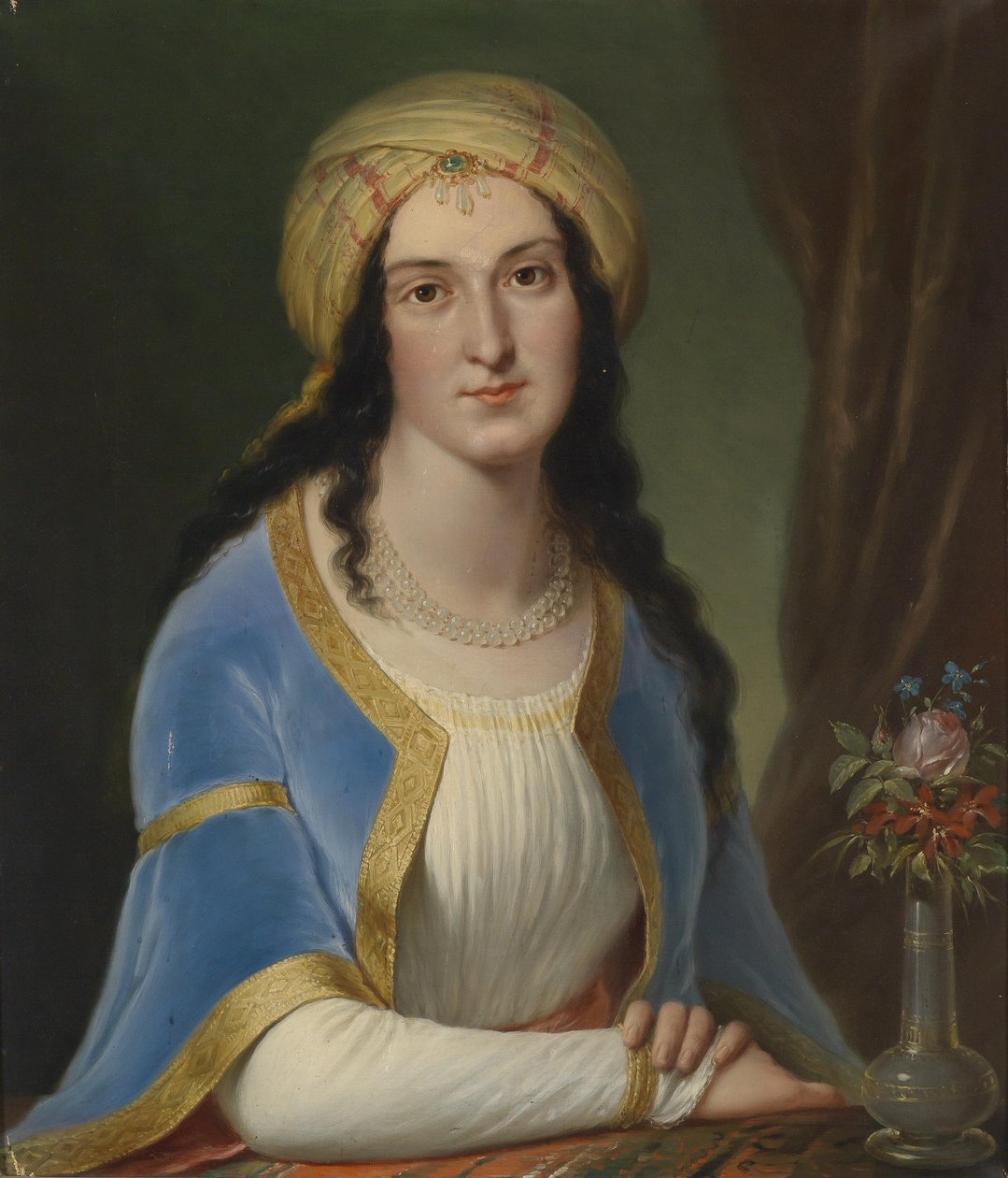 Porträtt av en dam som bär en turban av Circle of Josef Grassi