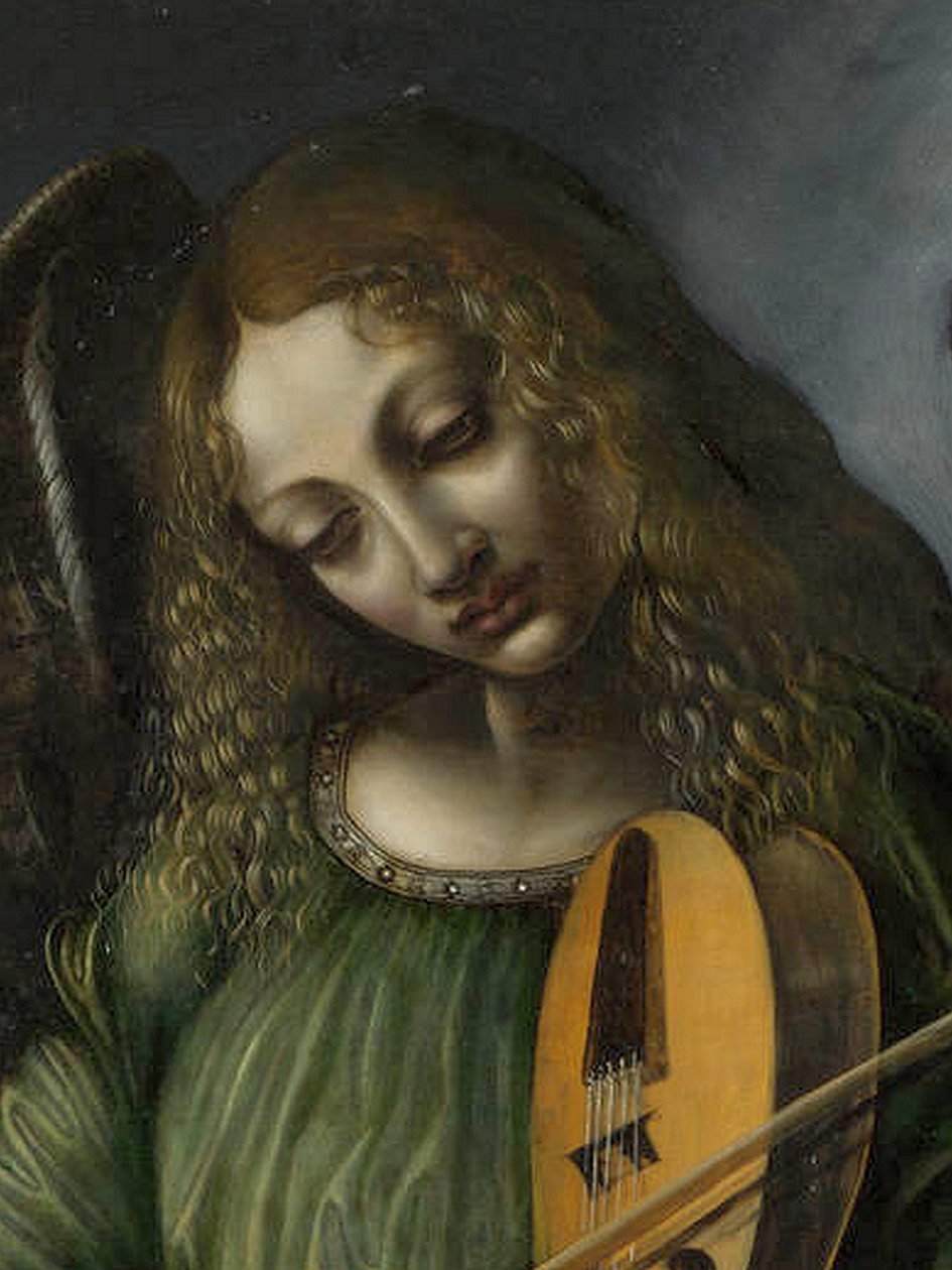 En ängel i grönt med en vielle, en del av S. Francesco Altarpiece, Milano av Circle of Leonardo da Vinci