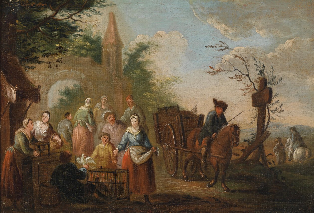 Geflügelverkäufer vor einem Stadttor av Circle of Pieter Angillis