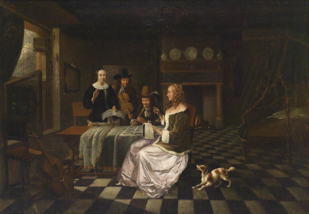 Borgerlig inredning med fyra personer av Circle of Pieter de Hooch