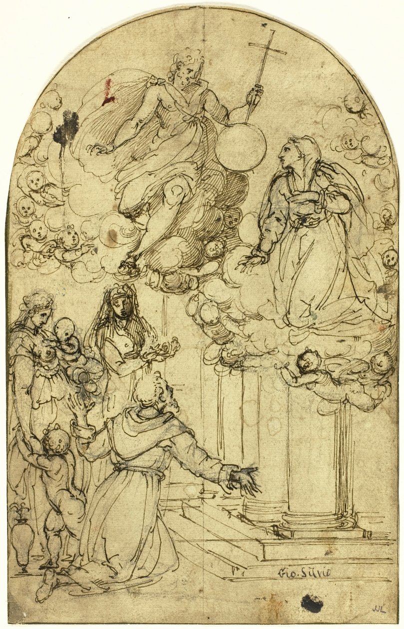 Vision av Saint Francis of Assisi vid Portiuncula (recto); Prydnadsdesign (verso) av Circle of Alessandro Allori
