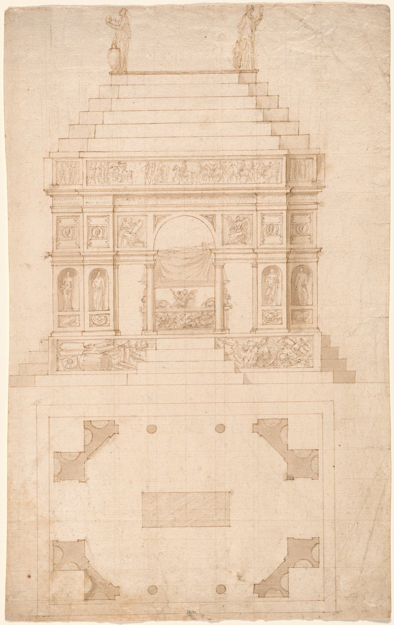 An Imperial Tomb: Elevation and Ground Plan av Circle of Antonio da Sangallo