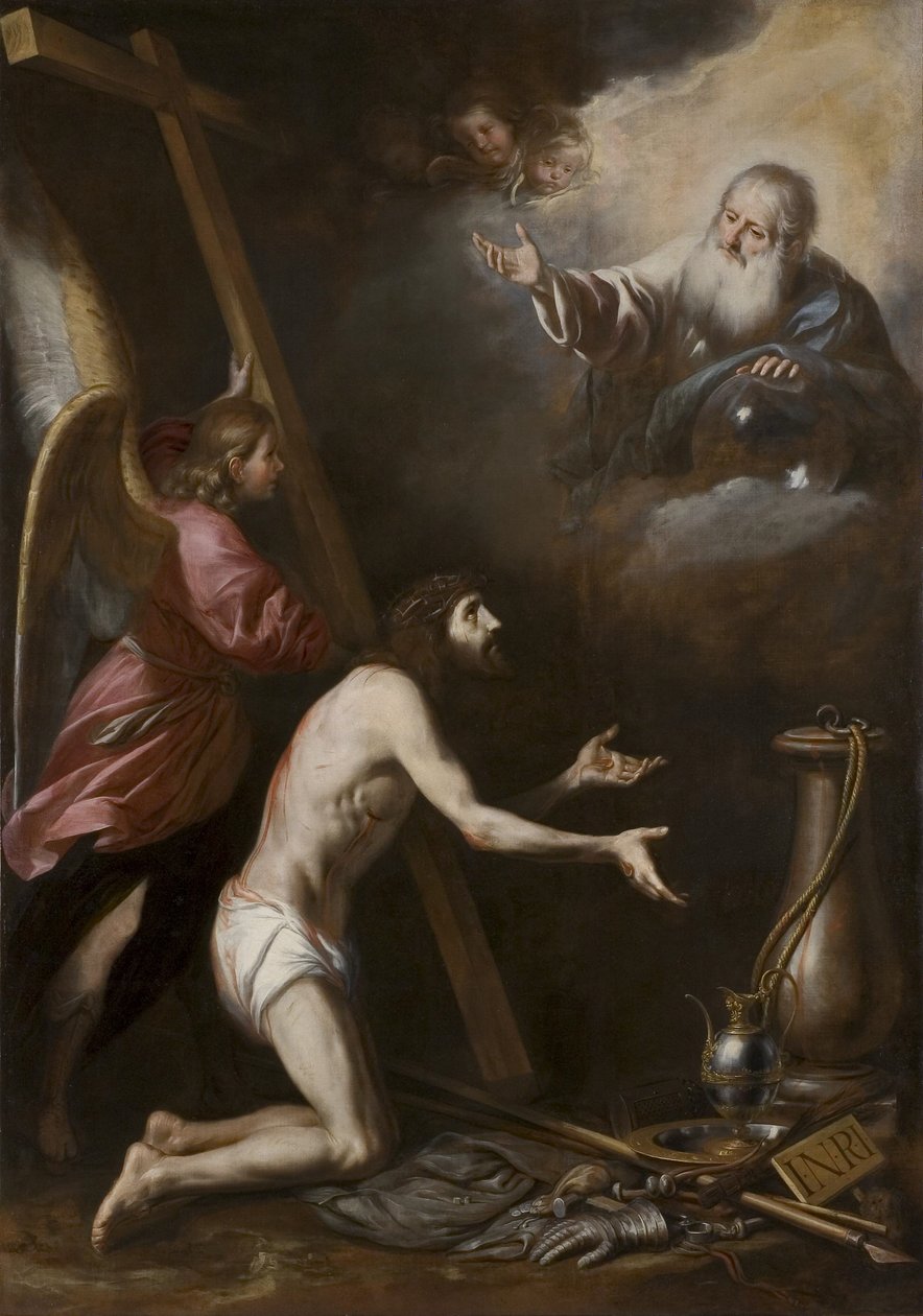 Spanska: Cristo flagelado arrodillado ante Dios Padre (Den gisslade Kristus knäböjer inför Gud Fadern) av Circle of Antonio del Castillo y Saavedra