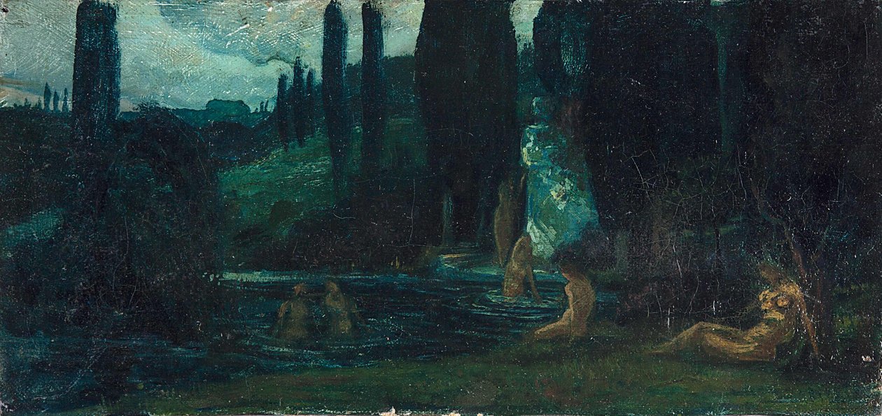 Kvinnor som badar på kvällen i ett sydligt landskap av Circle of Arnold Böcklin