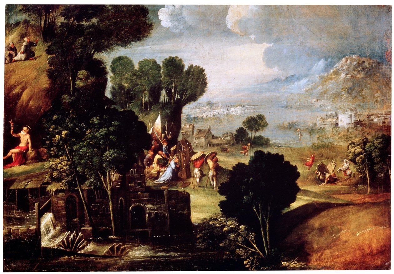 Landskap med scener från Lives of the Saints, c1530 av Circle of Dosso Dossi