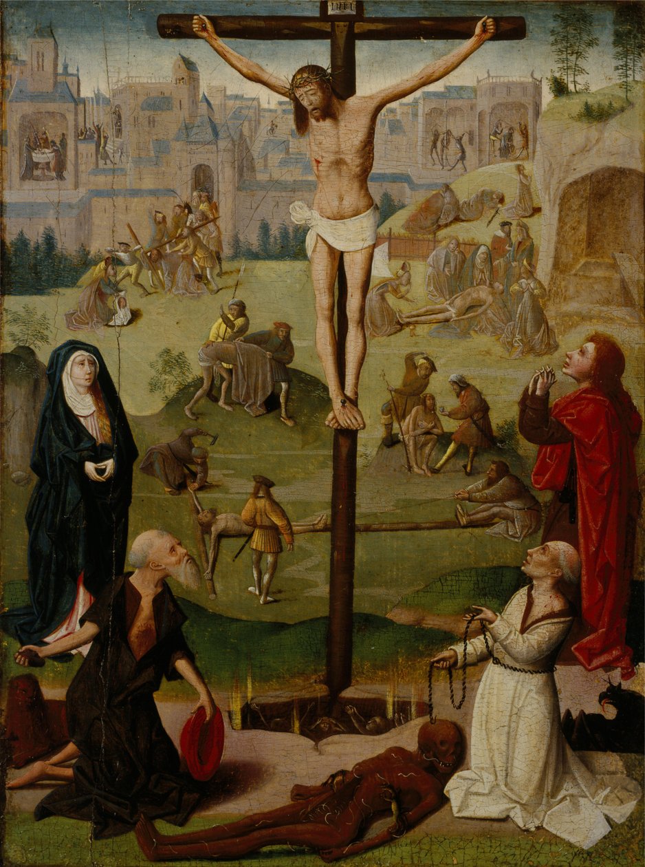 Korsfästelsen med St Hieronymus och St Dominic och scener ur passionen av Circle of Geertgen tot Sint Jans