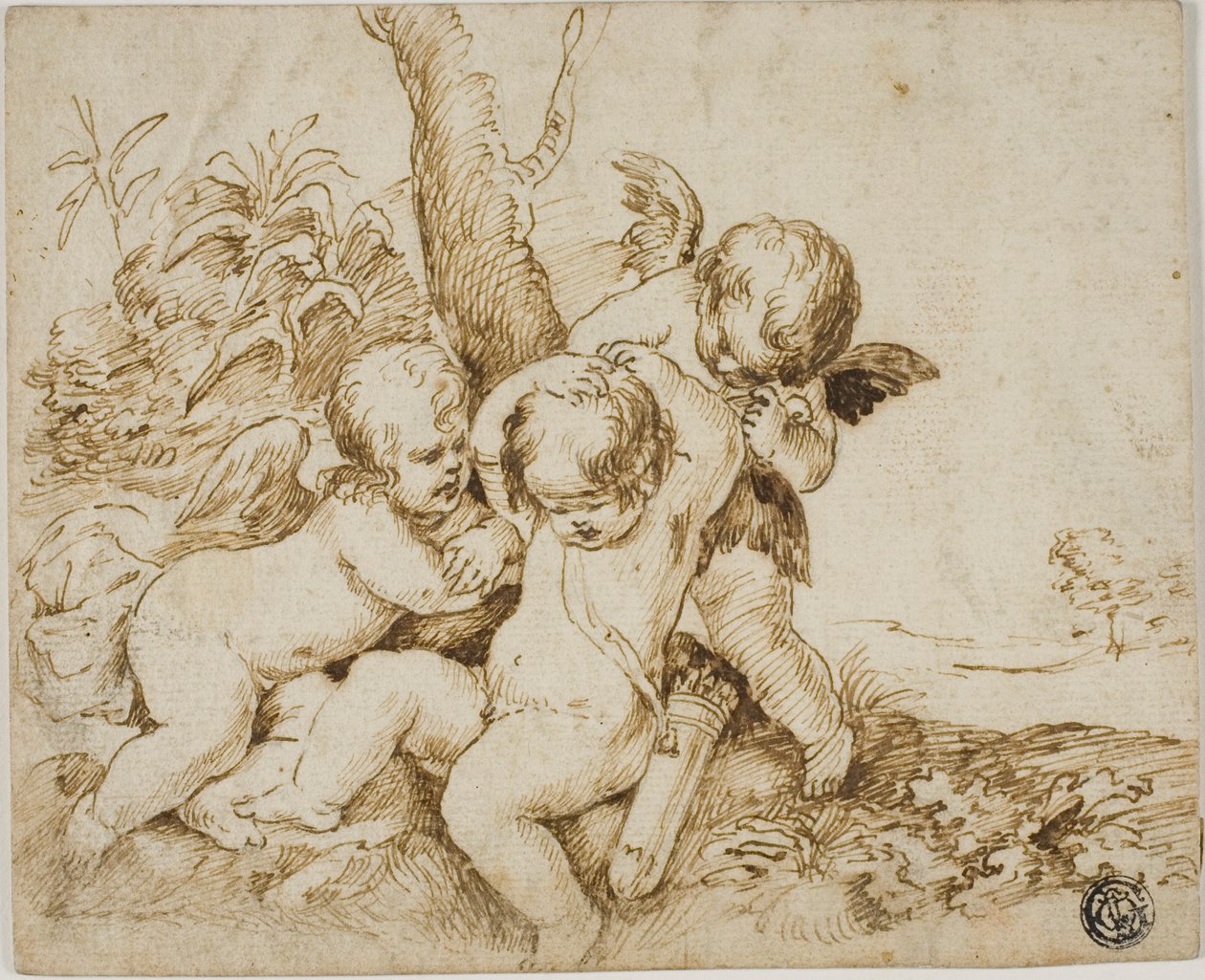 Två Putti förblindar en tredje av Circle of Guido Reni