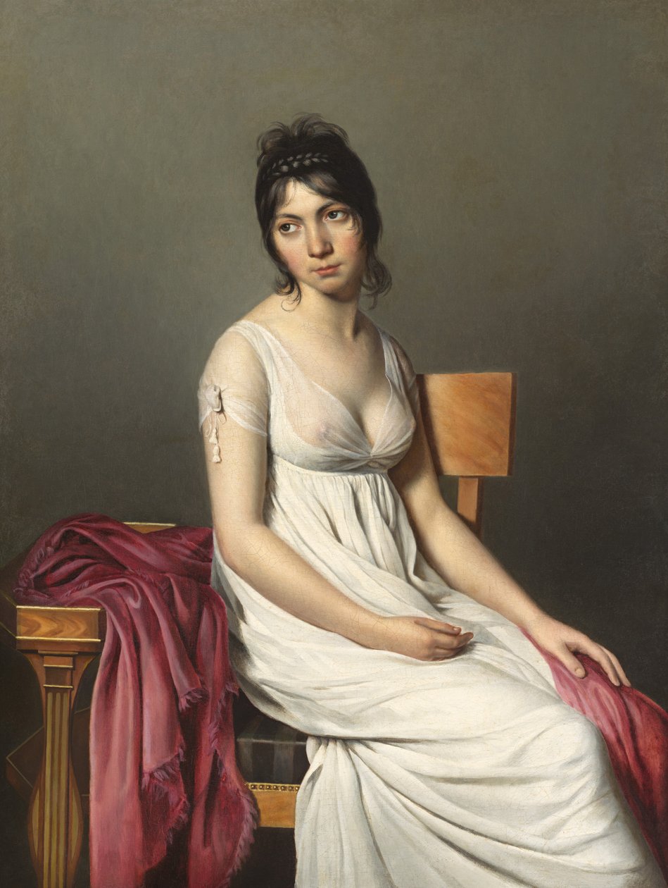 Porträtt av en ung kvinna i vitt av Circle of Jacques Louis David