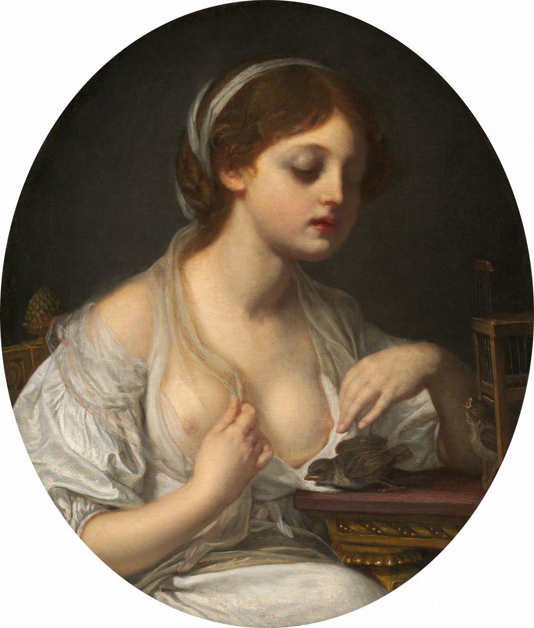 Flicka med fåglar av Circle of Jean Baptiste Greuze