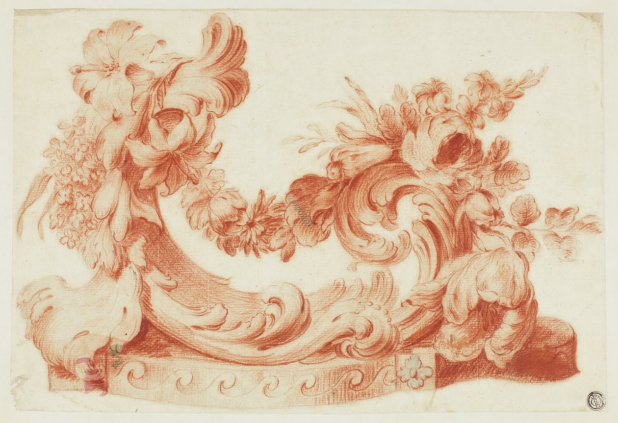 Ornamental design med blommor av Circle of Jean Baptiste Pillement