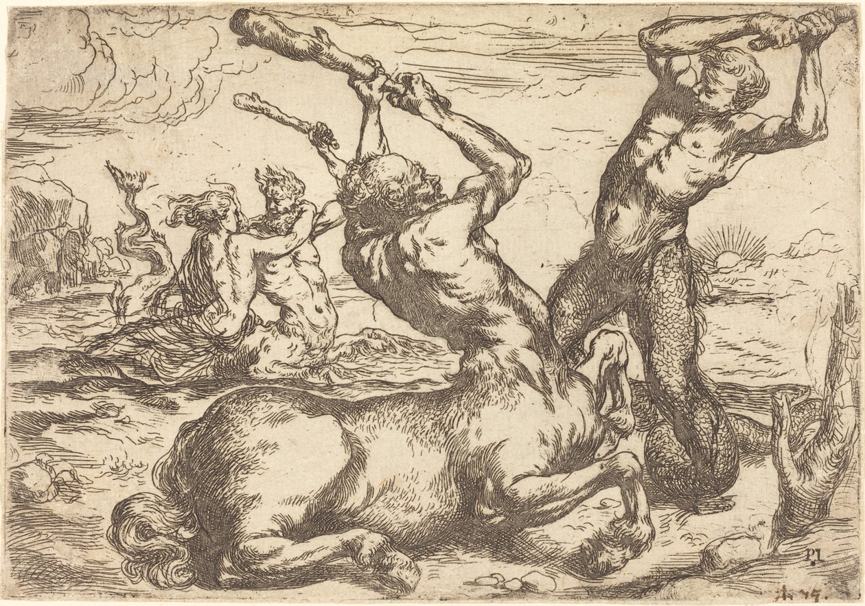 Strid mellan en kentaur och en triton av Circle of Jusepe de Ribera