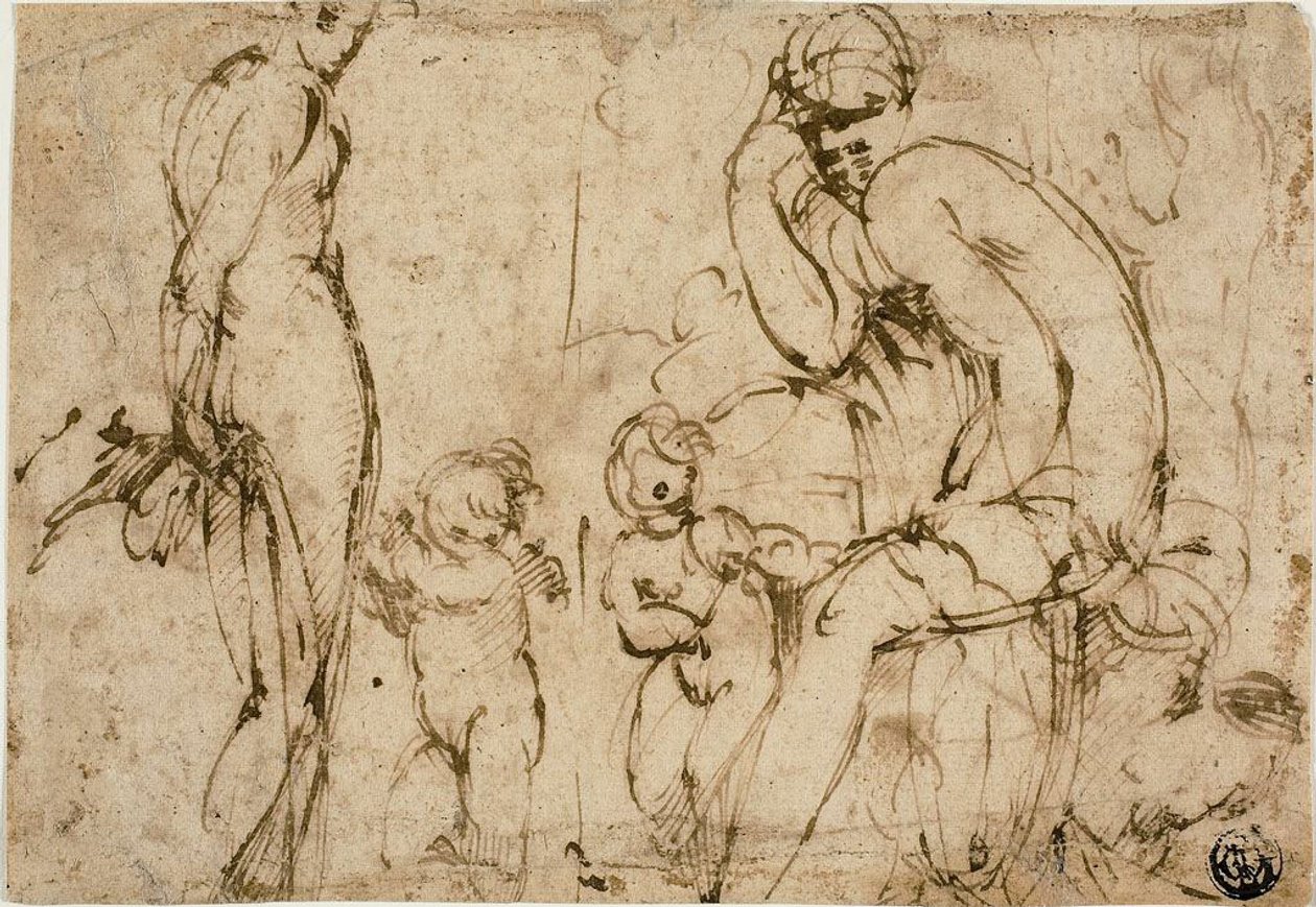 Venus och Mars med Putti (recto); Skäggig man rör sig åt höger (verso) av Circle of Parmigianino