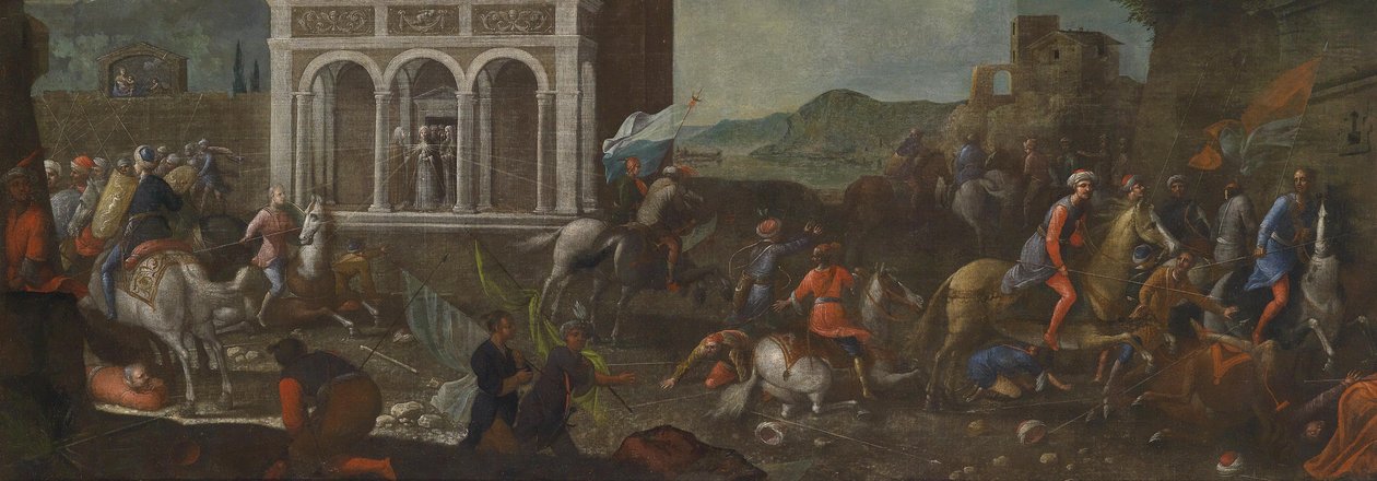 Saint Catherine of Siena försvarar en stad mot turkarna av circle of Vittore Carpaccio