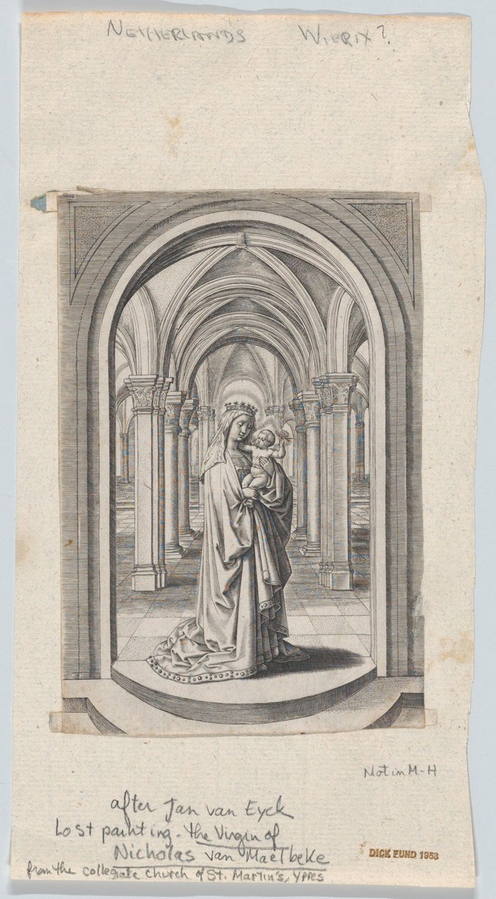 Jungfru och barn i en kyrka, även känd som Van Maelbeke Virgin, 1575-1585.. av Circle of the Brothers Wierix.