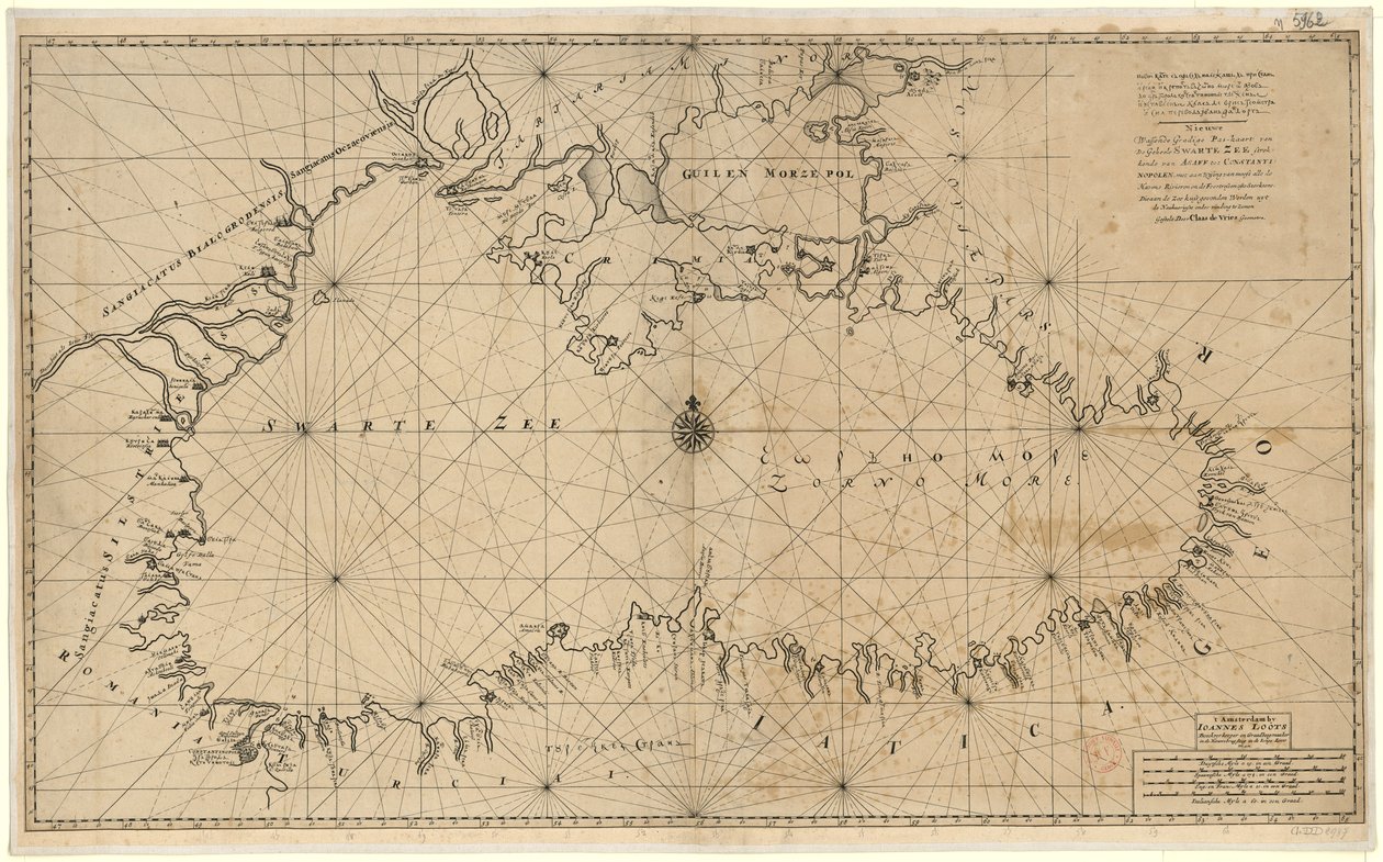 Nieuwe wassende, gradige pas-kaart van de geheele Swarte Zee strekkende van Asaff tot Constantinopolen met aanwysing van meest alle de Havens rivieren en de foortressen ofte sterktens, die aan de Zee kust gevonden werden nyt de Naukuerigste onder vinding t av Claes De Vries
