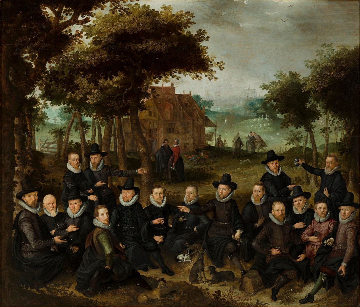 Tjänstemän från den gamla milisen i Alkmaar i ett landskap. olja på panel medium QS av Claes Jacobsz van der Heck