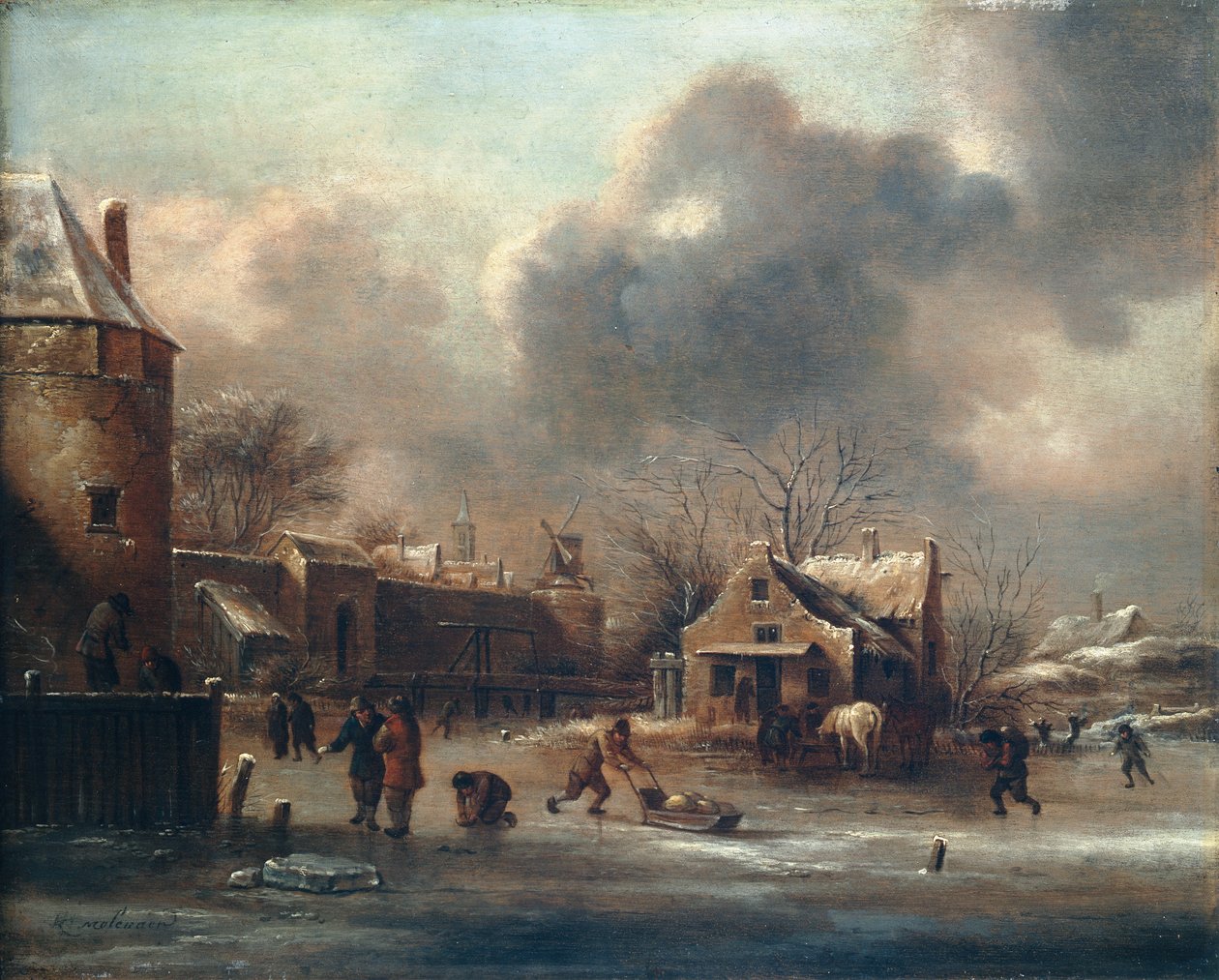 Skridskoscen: Figurer på isen nära väggarna i en stad (olja på panel) av Claes (1630 76) Molenaer