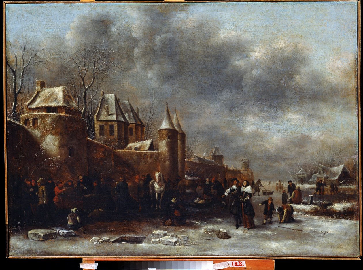 Chateau au bord de la riviere (Ett slott vid flodstranden). Målning av Claes Molenaer (Claes av Claes  Molenaer