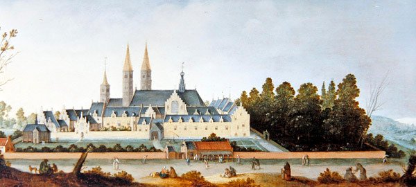 Egmond Abbey & Castle (olja på panel) av Claes Jacobsz. van der Heck
