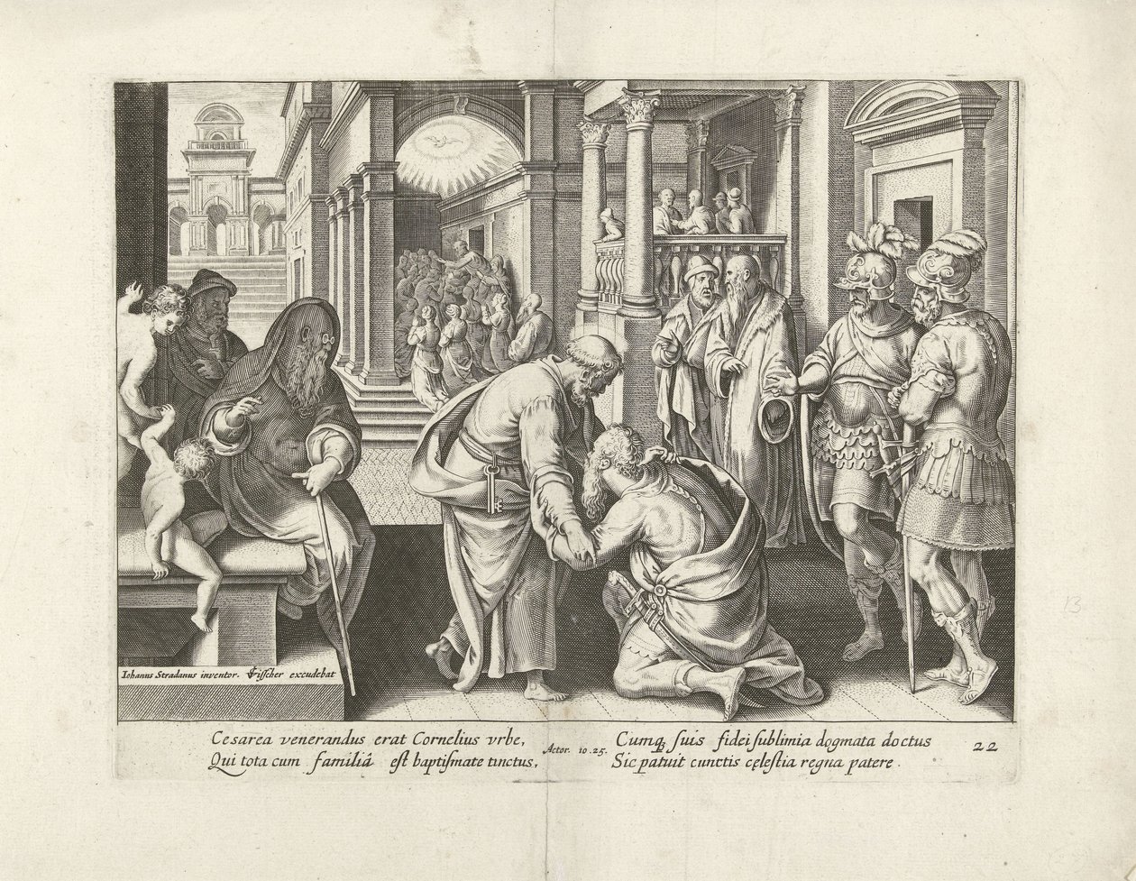 Cornelius knäböjer framför Peter Apostlarnas handlingar (serietitel) Acta Apostolorum (serietitel) av Claes Jansz. Visscher (II) (attributed to workshop of)