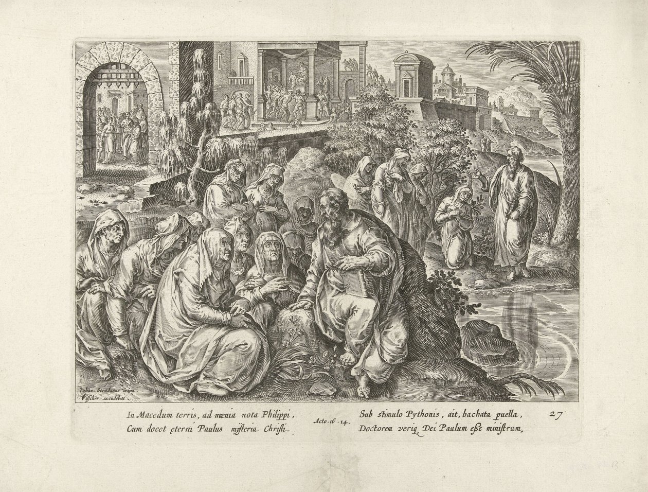 Paulus omvänder kvinnorna i Filippi Apostlarnas handlingar (serietitel) Acta Apostolorum (serietitel) av Claes Jansz. Visscher (II) (attributed to workshop of)