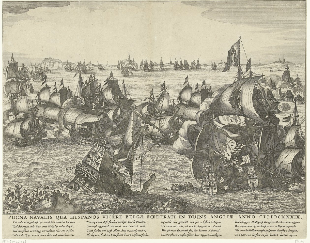 Zeeslag bij Duins, 1639 Sjöstriden där belgierna besegrade spanjorerna i Englands Duins år 1339 (titel på objekt) av Claes Jansz. Visscher (II) (workshop of)