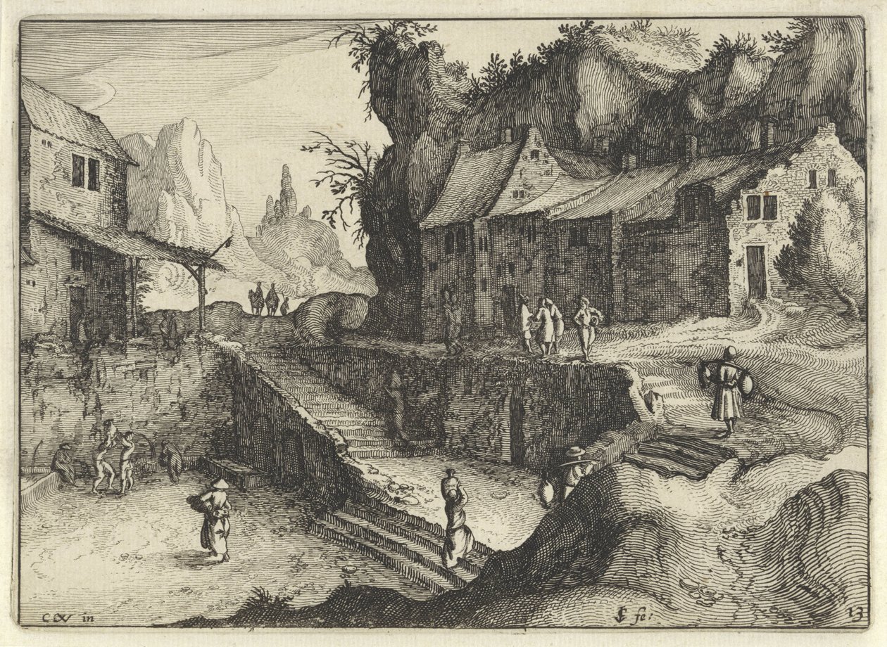 Bergsby med hus och trappor Holländska landskap (serietitel) Amaeniores Aliquot Regiunculae (serietitel på objekt) av Claes Jansz. Visscher (II)