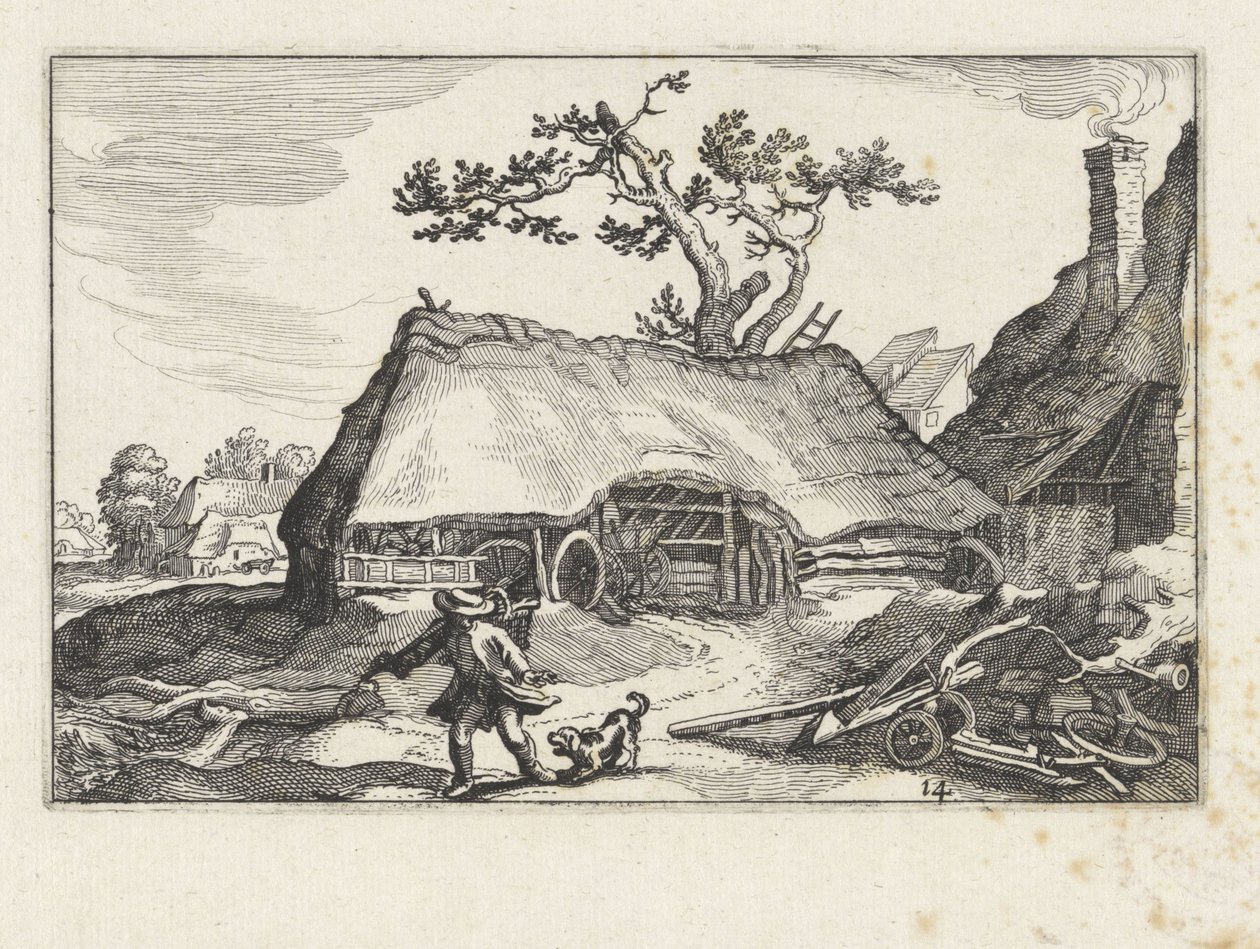 skällande hund på en gård Landskap med gårdar (serietitel) av Claes Jansz. Visscher (II)