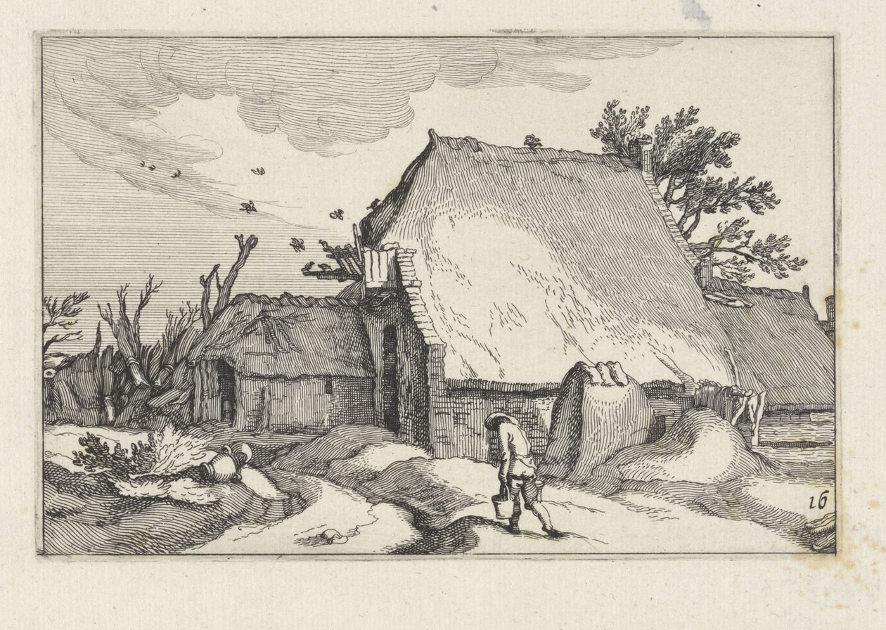 Gård och man med två hinkar Landskap med gårdar (serietitel) av Claes Jansz. Visscher (II)