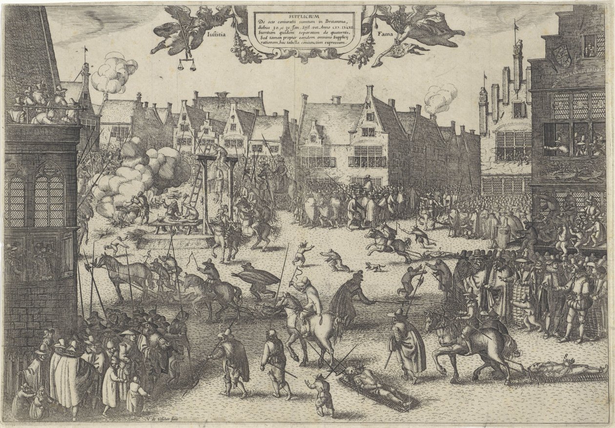 Avrättning av krutförräderiernas konspiratörer, 1606 Supplicium de octo coniuratis sumtum i Britannia (titel på objekt) av Claes Jansz. Visscher (II)