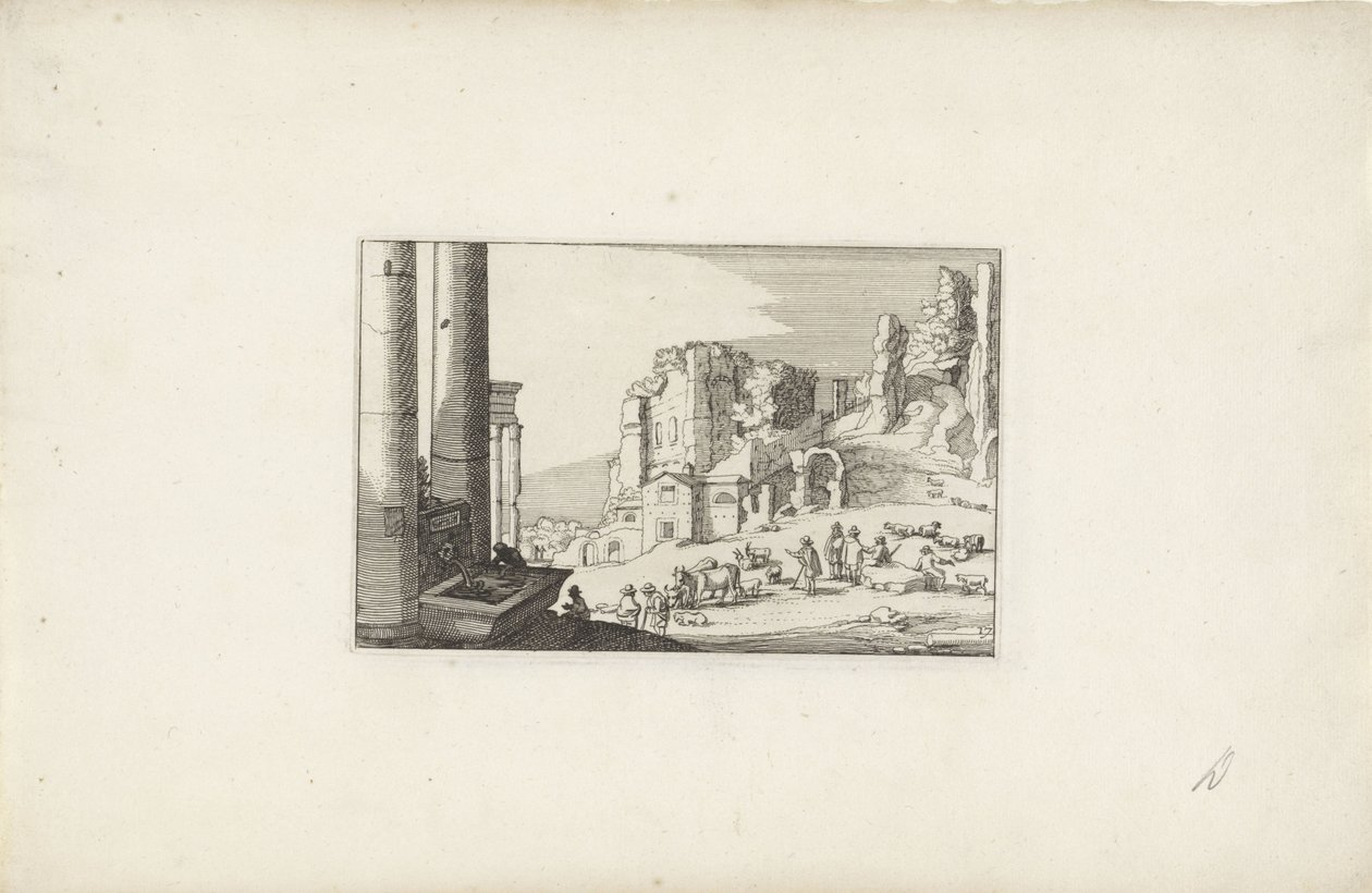 Kuperat landskap med en fontän och herdar Italienska landskap med ruiner (serietitel) Variae antiquitates Romanae (serietitel på objekt) av Claes Jansz. Visscher (II)