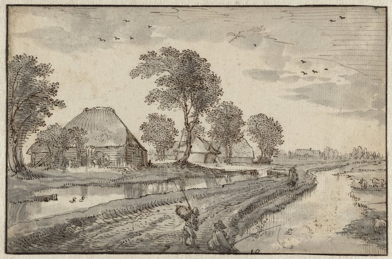 Väg mellan vattendrag i ett polderlandskap av Claes Jansz. Visscher (II)