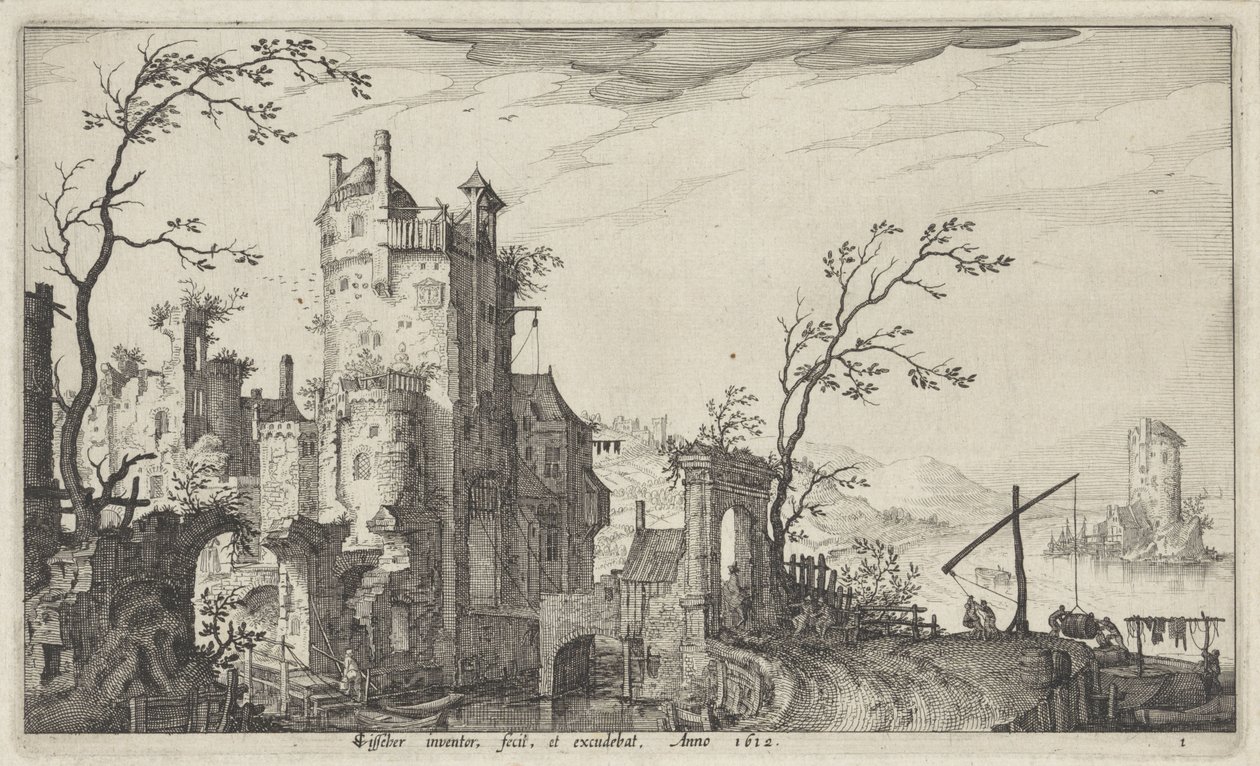 Ruinös stadsport vid vattnet av Claes Jansz. Visscher (II)