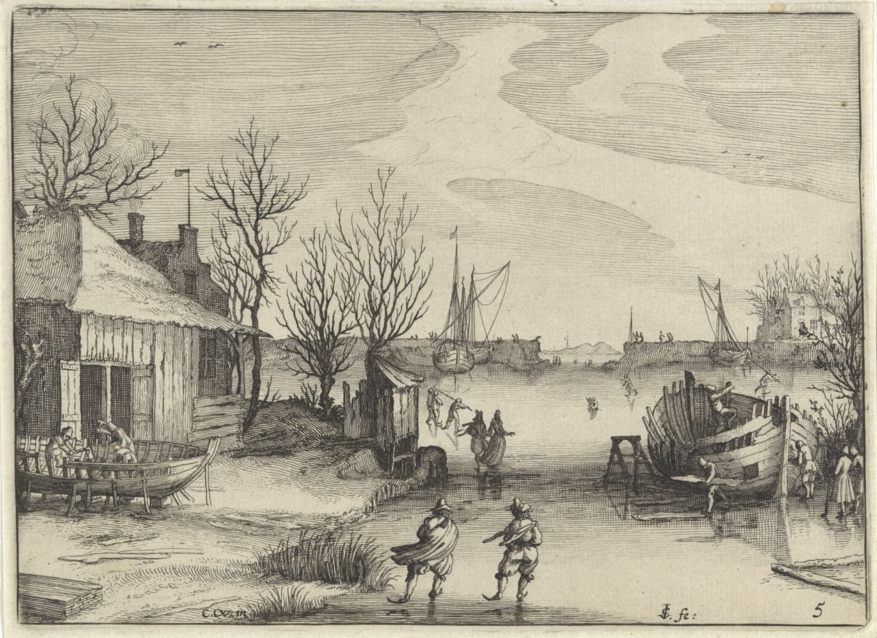 Skeppsvarv på en frusen kanal Holländska landskap (serietitel) Amaeniores Aliquot Regiunculae (serietitel på objekt) av Claes Jansz. Visscher (II)