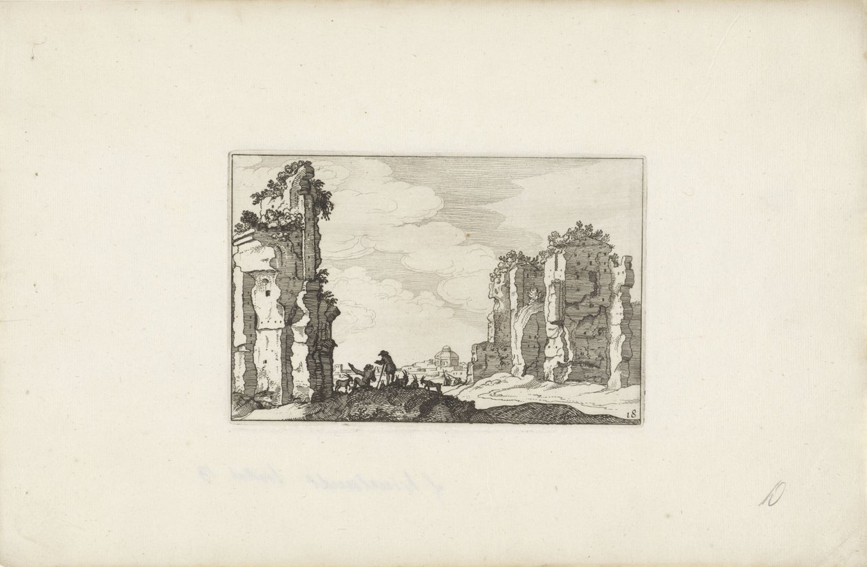Två herdar vid en ruin Italienska landskap med ruiner (serietitel) Variae antiquitates Romanae (serietitel på objekt) av Claes Jansz. Visscher (II)