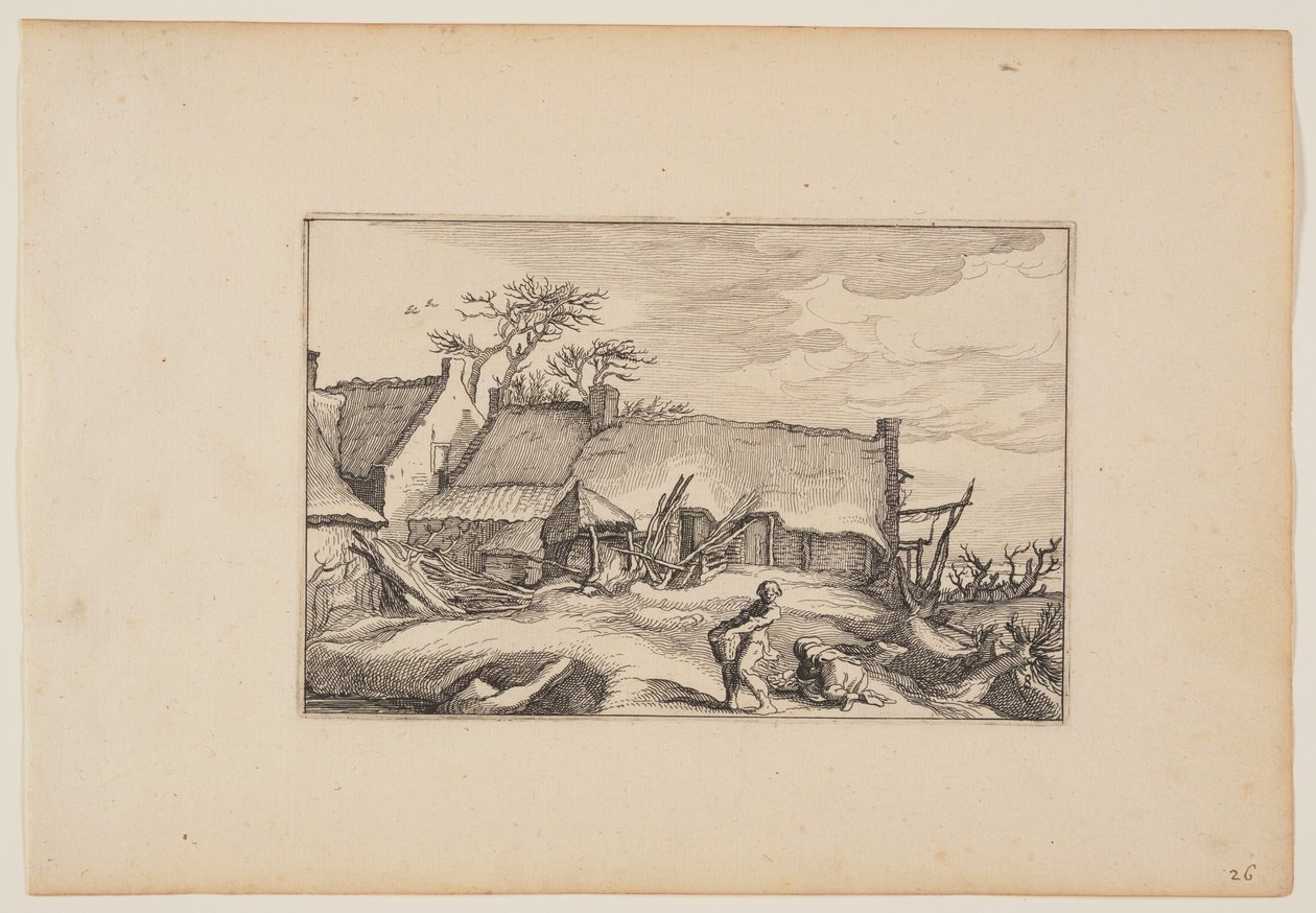 En bondgård med en man som bär en korg i förgrunden, från Landskap (Verscheyden aerdige Lanthuysen...) av Claes Jansz. Visscher