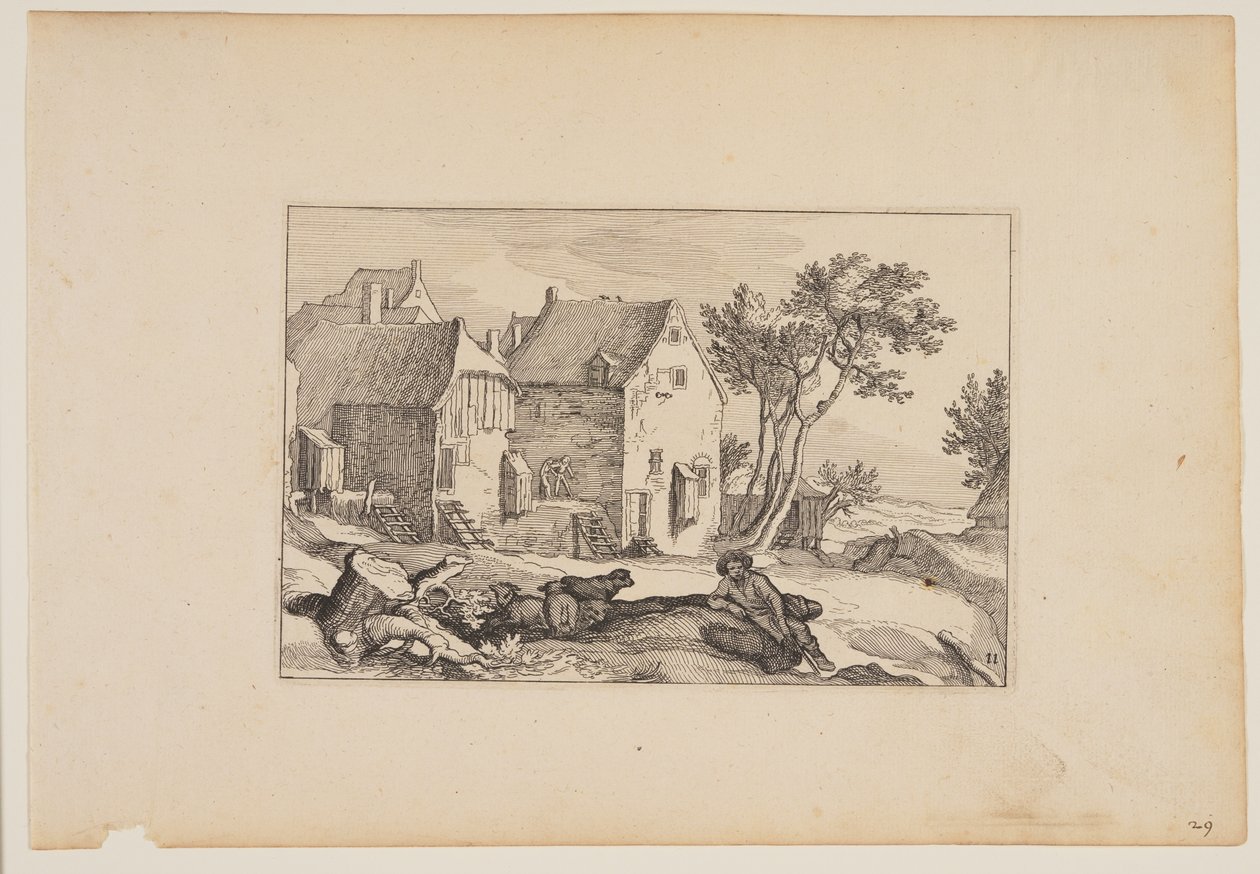 En bondgård med en vilande herde i förgrunden, från Landskap (Verscheyden aerdige Lanthuysen...) av Claes Jansz. Visscher