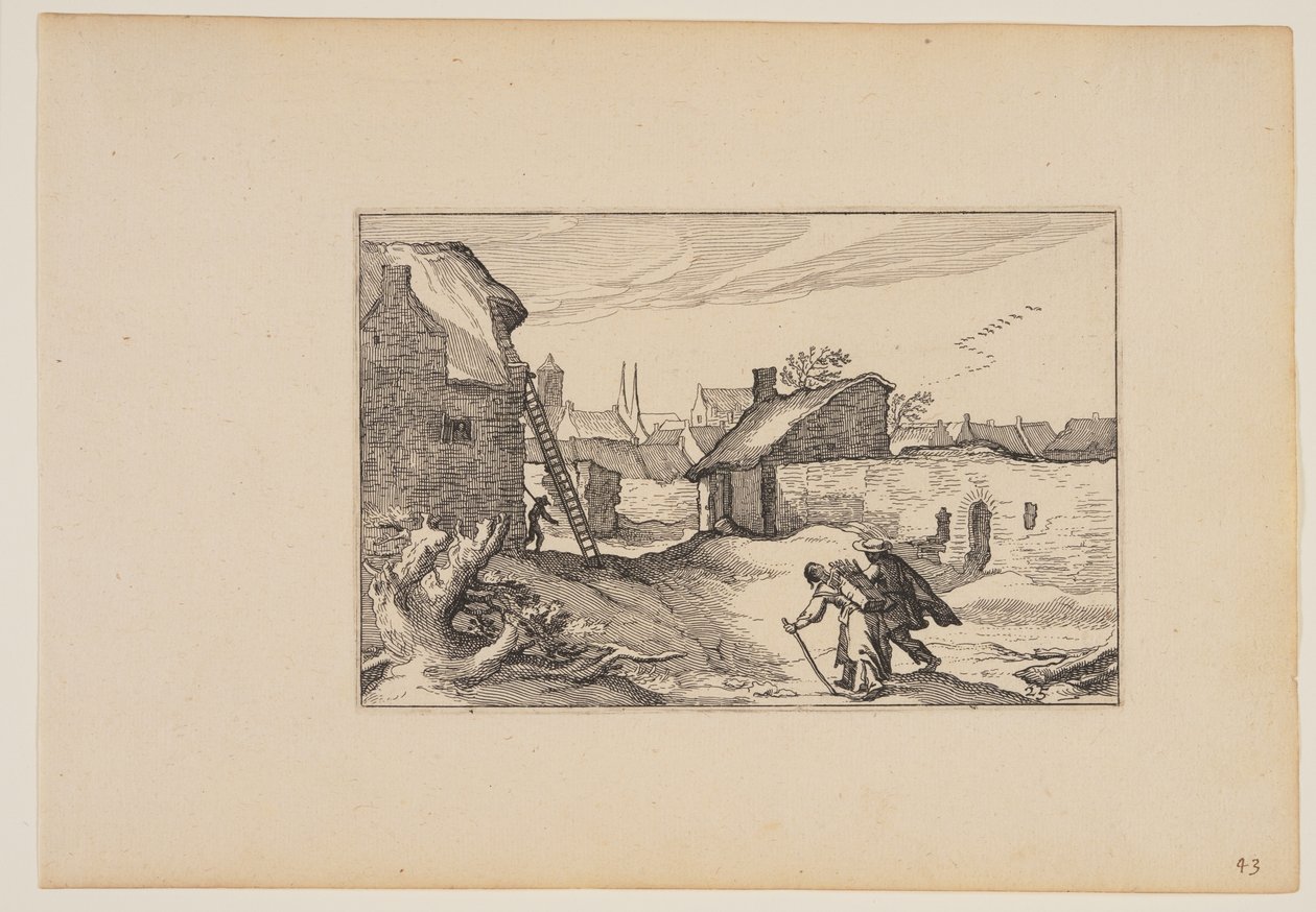 En by, stege som står mot huset till vänster, från Landskap (Verscheyden aerdige Lanthuysen...) av Claes Jansz. Visscher